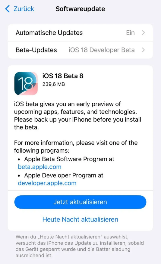 鹿邑苹果手机维修分享苹果 iOS / iPadOS 18 开发者预览版 Beta 8 发布 